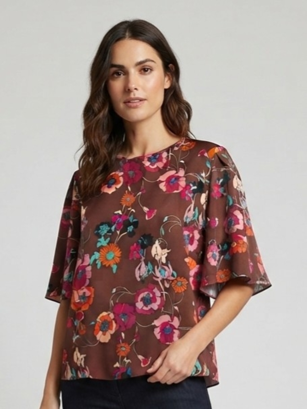 Wilfred Brown Floral Short Flutter Sleeve Blouse Size Large